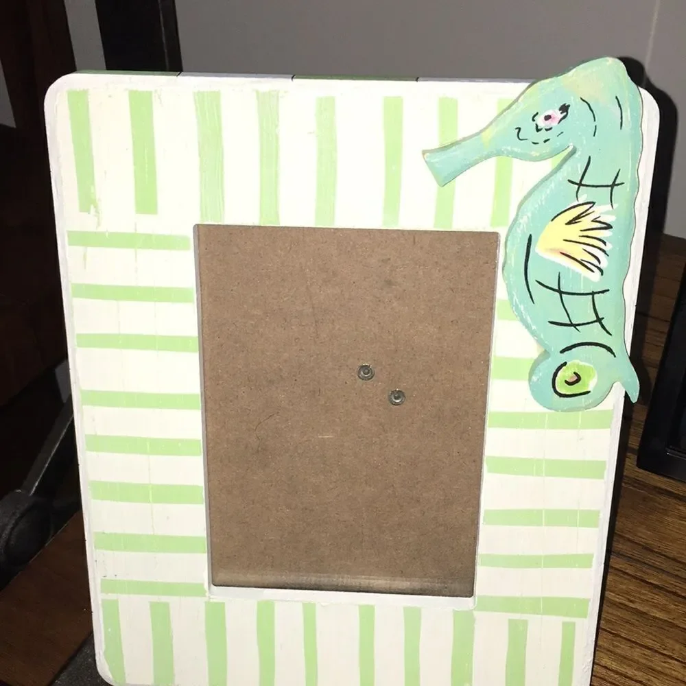 Wendy McKinney green white stripe seahorse nautical seaside beach picture frame